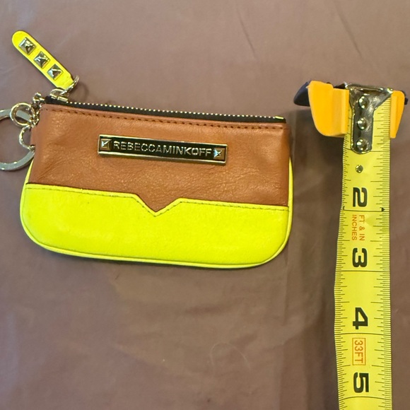 NWOT Rebecca Minkoff Luggage Brown/Neon Yellow Leather Coin Purse w/ keyring - Picture 3 of 6